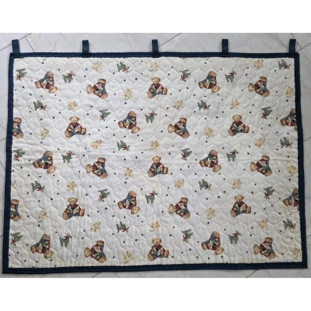 VTG Blue Jean Teddy Bear Toys Comforter / Quilted Baby Blanket Wall Hanging